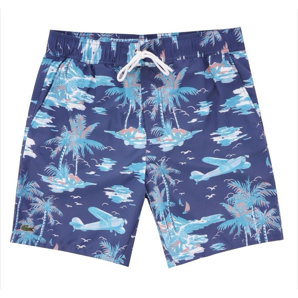 Lacoste Swim Shorts Men's Size Medium Blue Hawaiian Print Pocket Logo Resort
